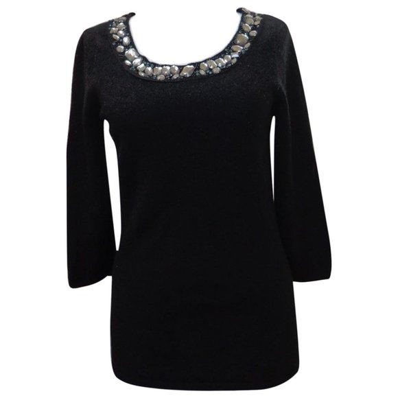 LORD & TAYLOR Black 100% Cashmere Beaded Neck 3/4 Sleeve Sweater Size XS - Picture 1 of 5